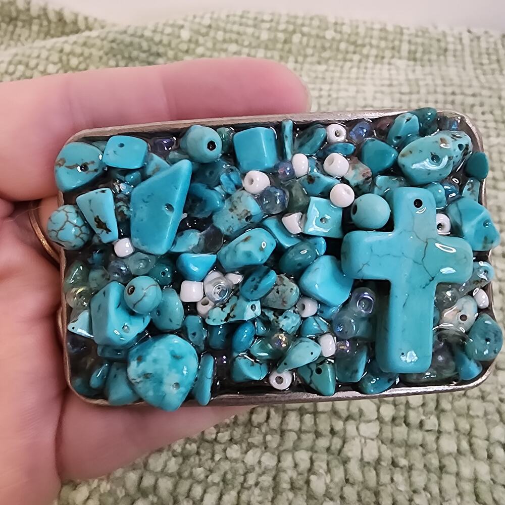 Handmade Stone Cross Belt Buckle Turquoise Howlite Beads Western 3"